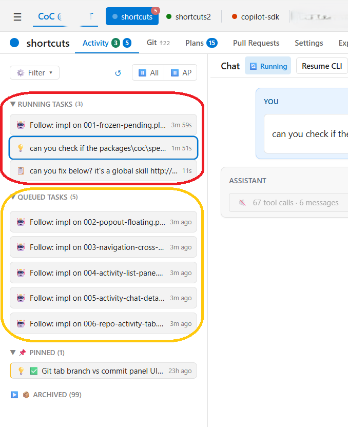 The task dashboard showing running and queued tasks, each with its own isolated conversation