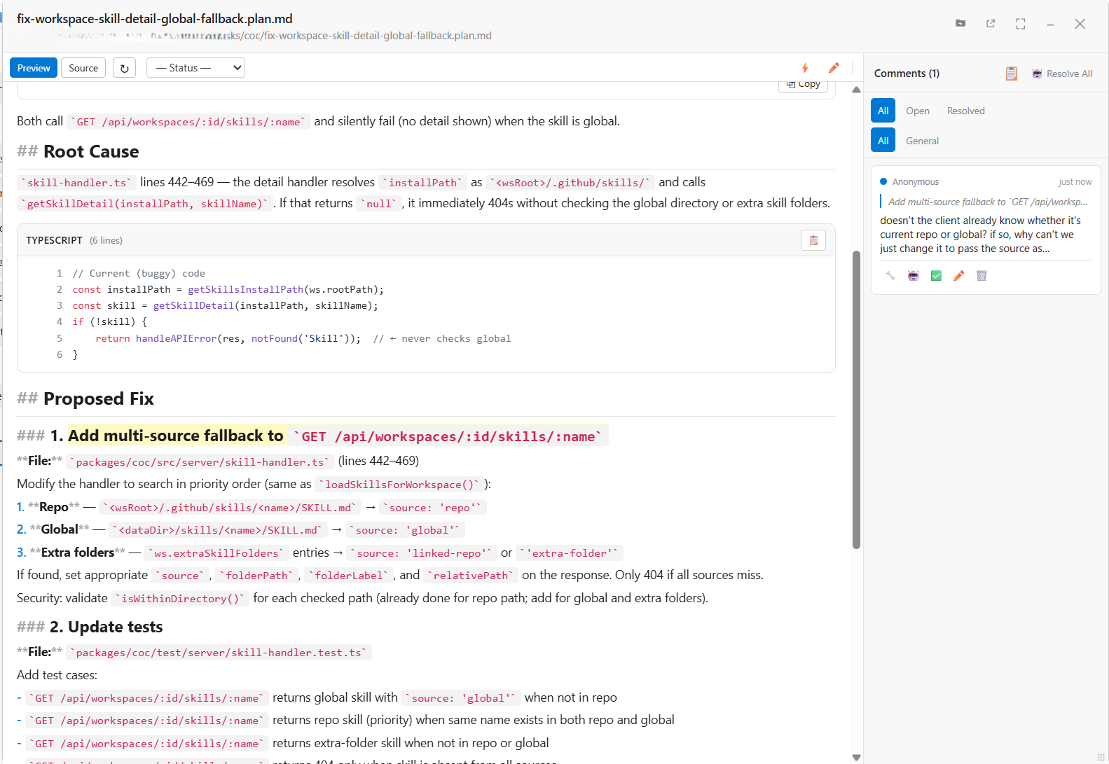 Spec review with root cause analysis and proposed fix, with inline comments on the right