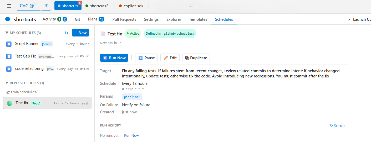 The schedules view with recurring jobs configured across multiple repositories