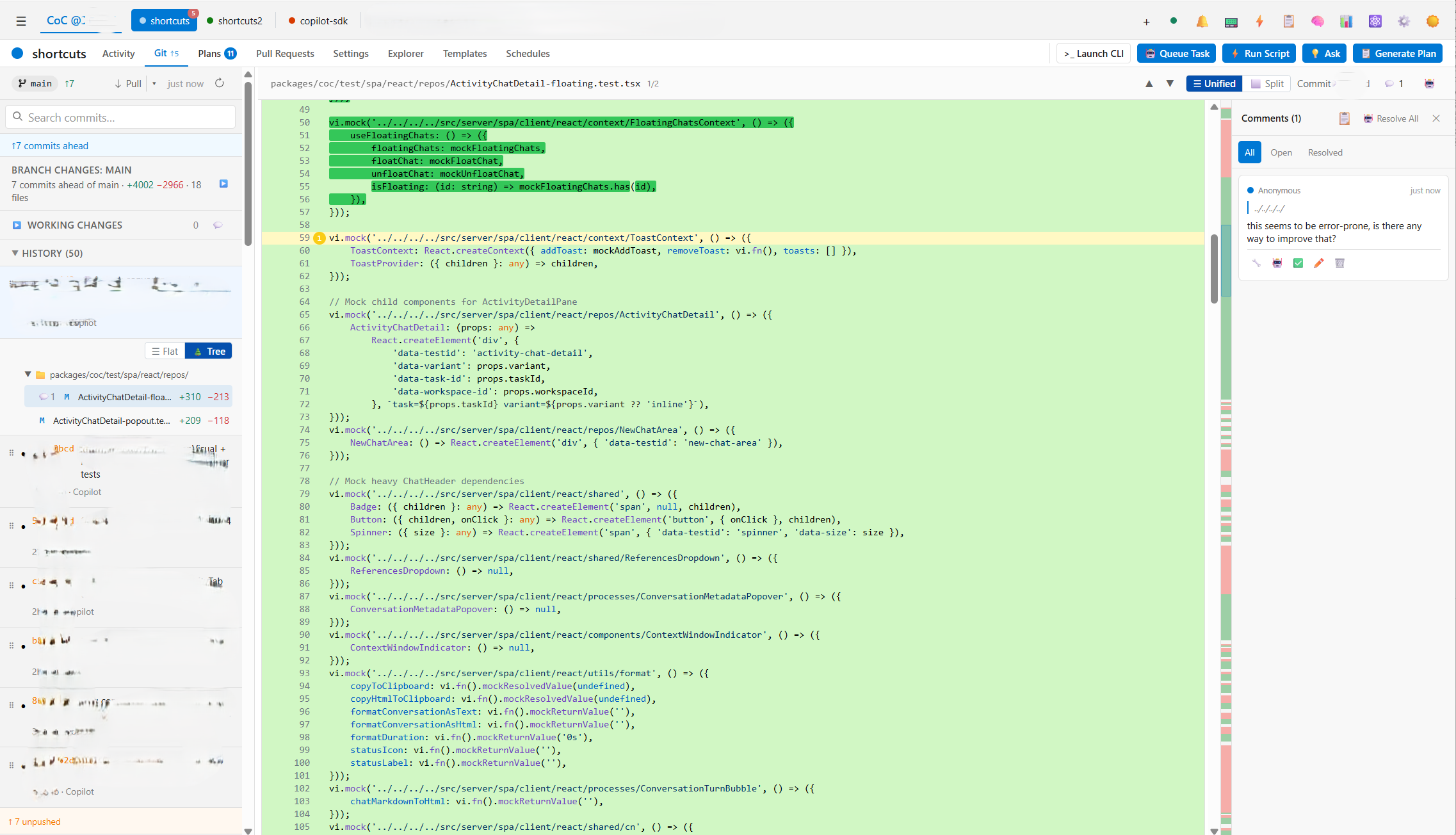 Diff review showing code changes with inline comment thread