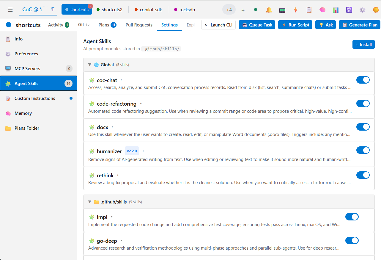 Agent Skills settings view showing global and repo-specific skills